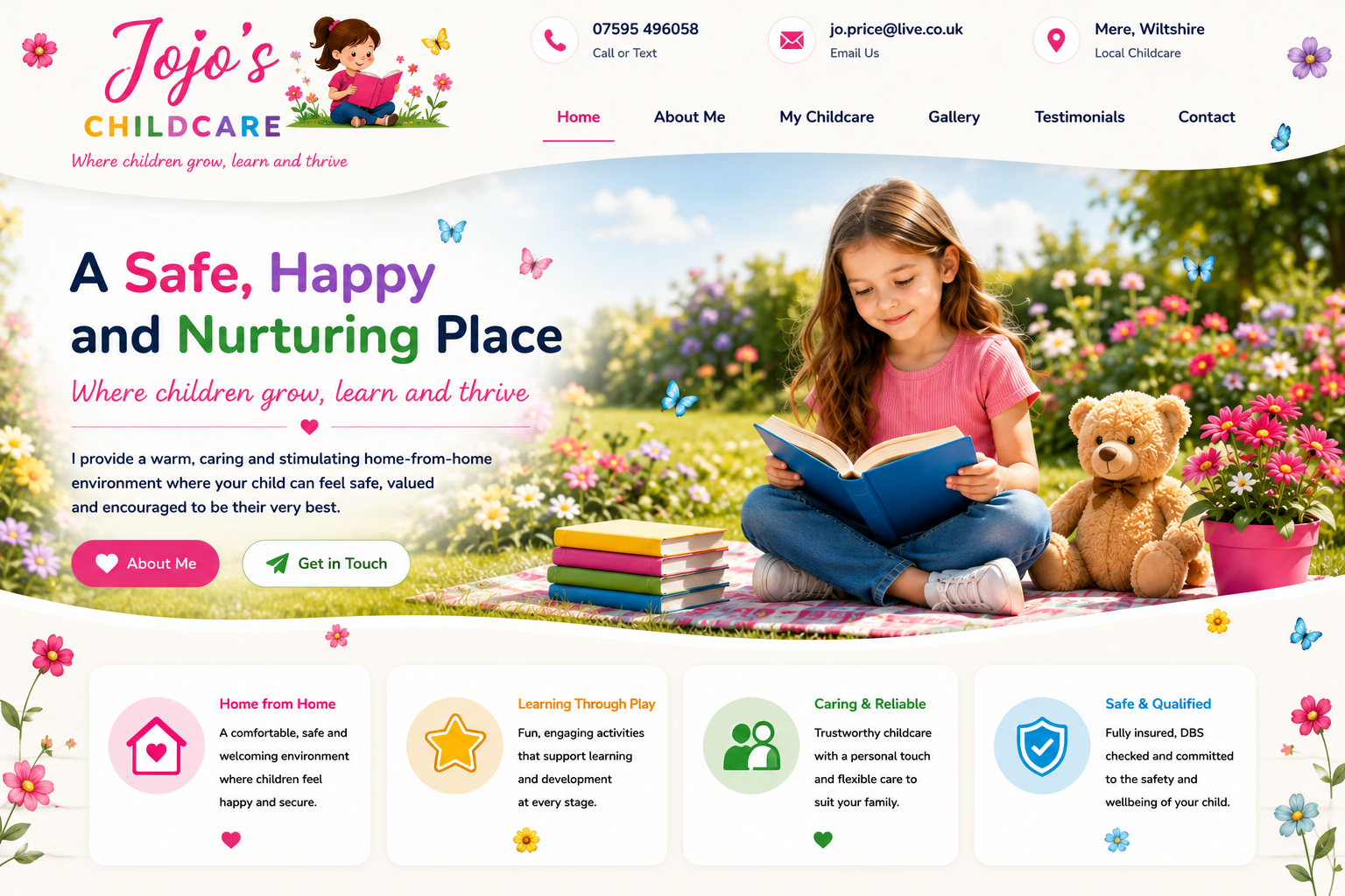 Jojo's Childcare homepage showing a safe, happy and nurturing place for children in Mere, Wiltshire